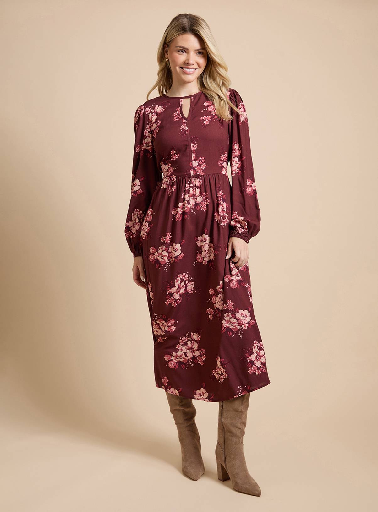 DOROTHY PERKINS Berry Floral Blouson Sleeve Printed Keyhole Midi Dress 14 - Image 1